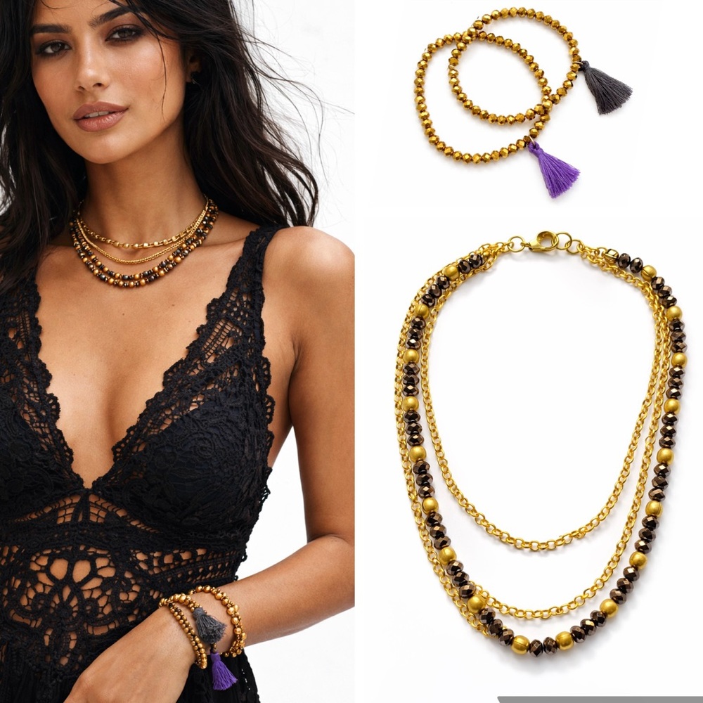 NWT Gold Black Layered Necklace + 2 Adjustable Bracelets | Shining Chic Jewelry